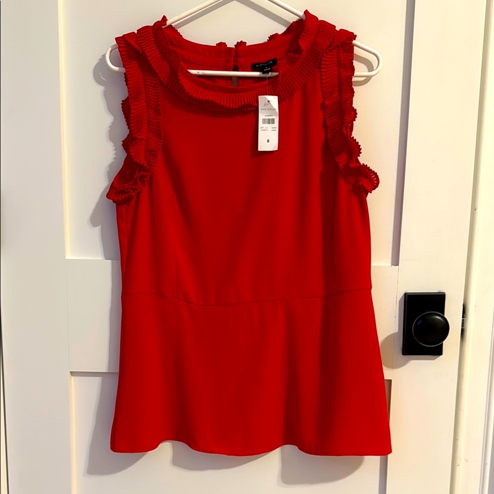 Ann Taylor Red Flutter Sleeve Ruffled Blouse